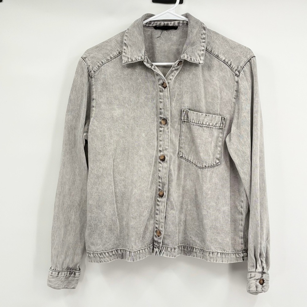 Jane + Delancey Womens Grey Acid Wash Lyocell Denim Button Down Shirt Medium
